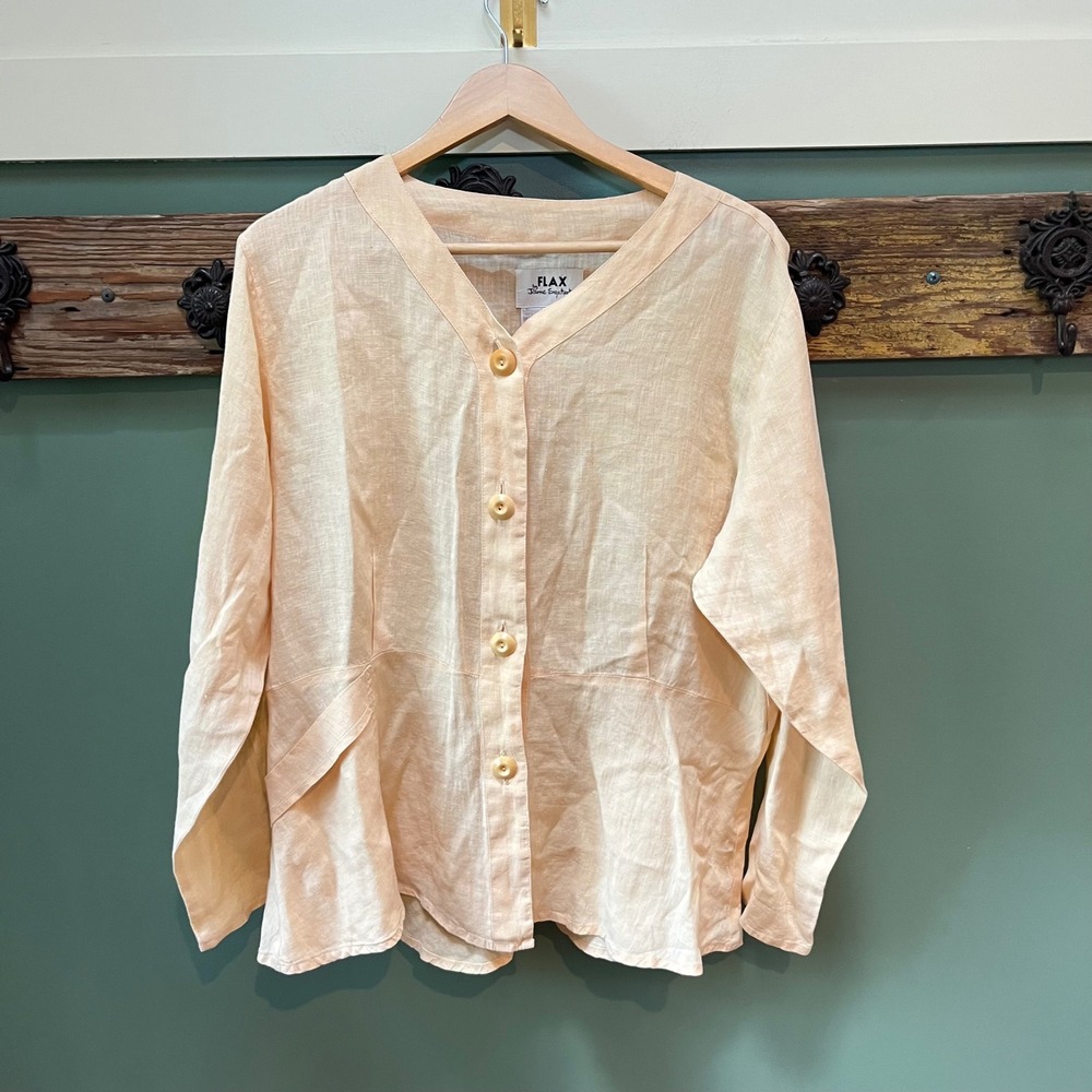 FLAX by Jeanne Engelhart 100% Linen Button Front Blouse Peach Medium V-Neck